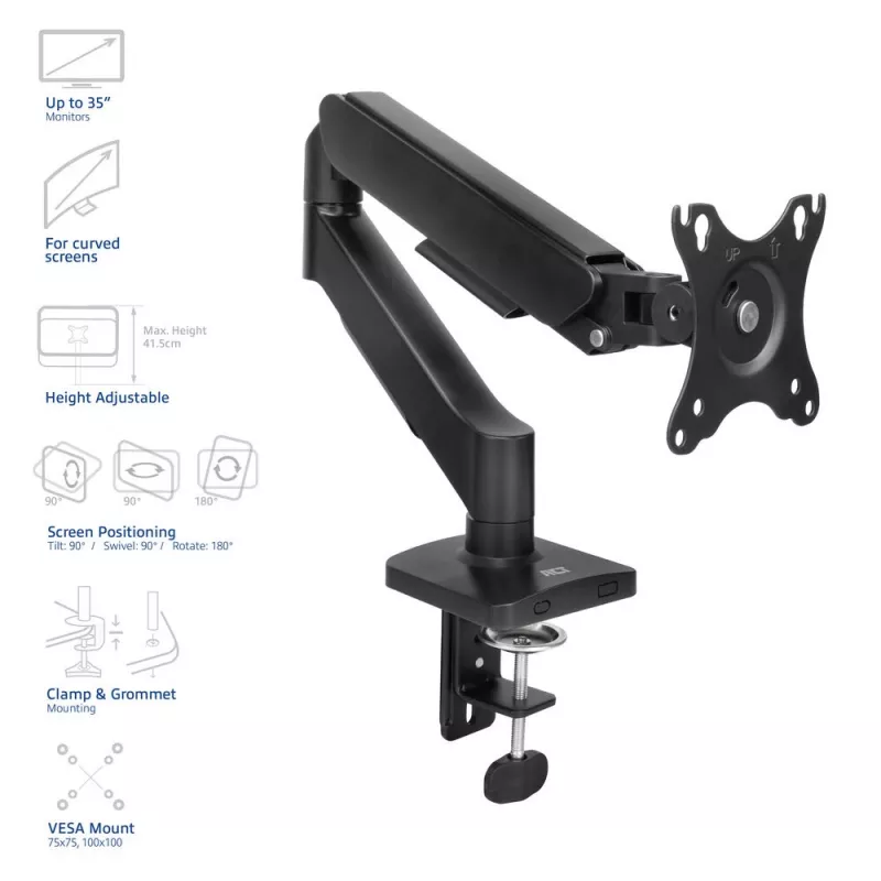 Monitor arm ACT for 35 inch screens, gas spring, single monitor, clamp/grommet, up to 9 kg, VESA 75x75–100x100, tilt ±45°, black