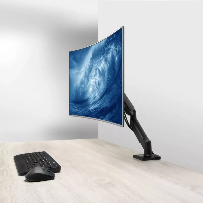 Monitor arm ACT for 35 inch screens, gas spring, single monitor, clamp/grommet, up to 9 kg, VESA 75x75–100x100, tilt ±45°, black