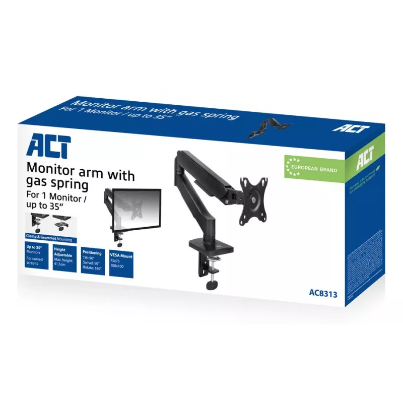 Monitor arm ACT for 35 inch screens, gas spring, single monitor, clamp/grommet, up to 9 kg, VESA 75x75–100x100, tilt ±45°, black