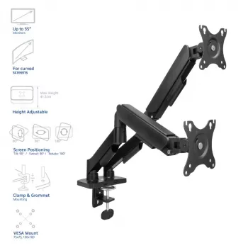 ACT Monitor arm 35 inch, gas spring, 2 monitors, Essentials, Clamp/Grommet, 18 kg, 43.2 cm (17 inch), 88.9 cm (35 inch), 100 x 100 mm, Black