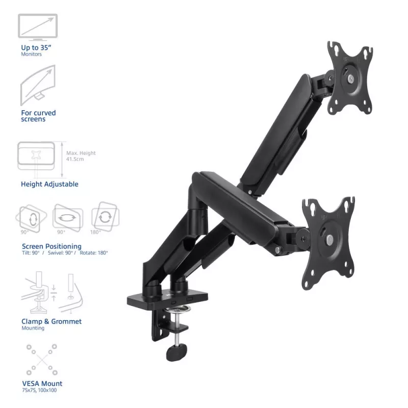 ACT Monitor arm 35 inch, gas spring, 2 monitors, Essentials, Clamp/Grommet, 18 kg, 43.2 cm (17 inch), 88.9 cm (35 inch), 100 x 100 mm, Black