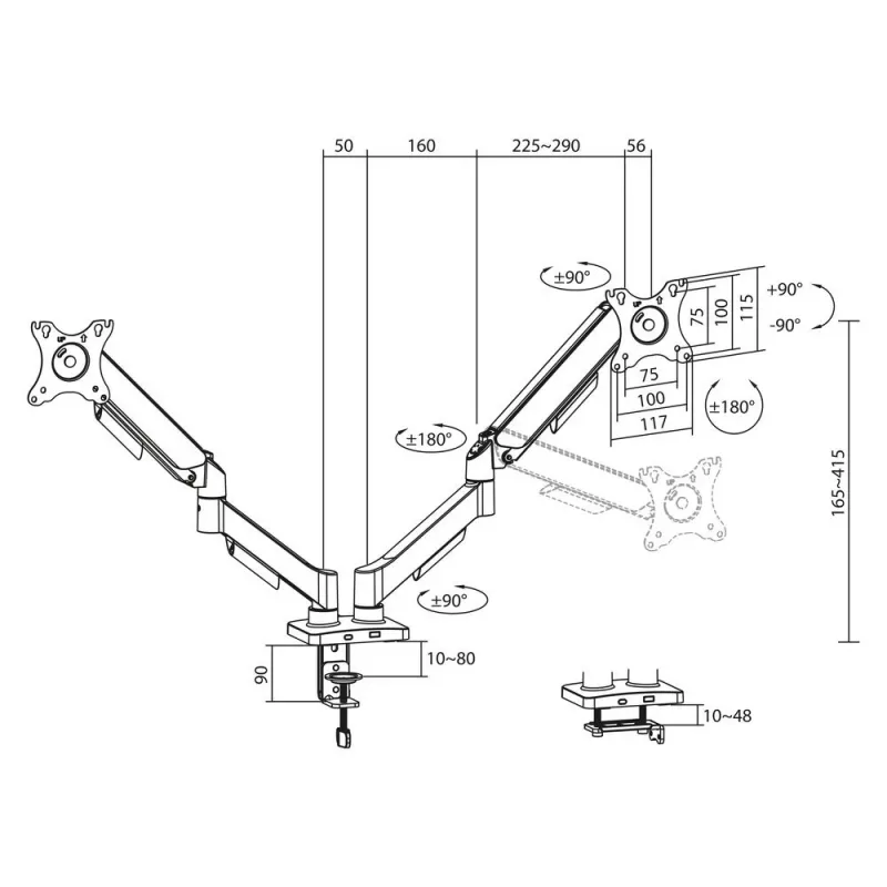 ACT Monitor arm 35 inch, gas spring, 2 monitors, Essentials, Clamp/Grommet, 18 kg, 43.2 cm (17 inch), 88.9 cm (35 inch), 100 x 100 mm, Black