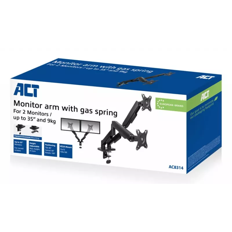ACT Monitor arm 35 inch, gas spring, 2 monitors, Essentials, Clamp/Grommet, 18 kg, 43.2 cm (17 inch), 88.9 cm (35 inch), 100 x 100 mm, Black