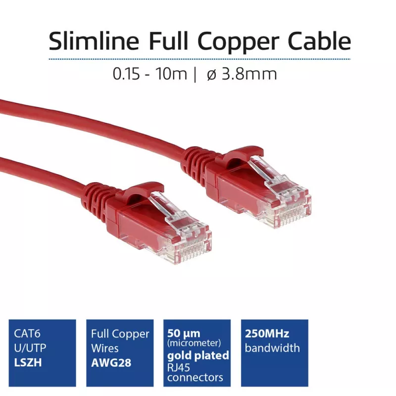 ACT Red 10 meter LSZH U/UTP CAT6 datacenter slimline patch cable snagless with RJ45 connectors