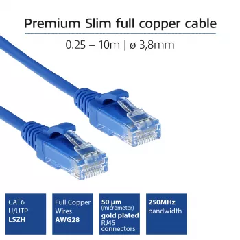 ACT Blue 1.5 meter LSZH U/UTP CAT6 datacenter slimline patch cable snagless with RJ45 connectors