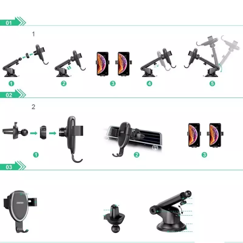 Car phone mount CHOETECH T536-S with 10W wireless charging, dashboard/windshield installation