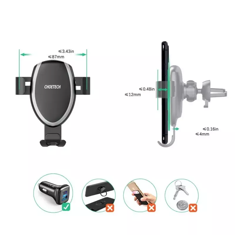 Car phone mount CHOETECH T536-S with 10W wireless charging, dashboard/windshield installation