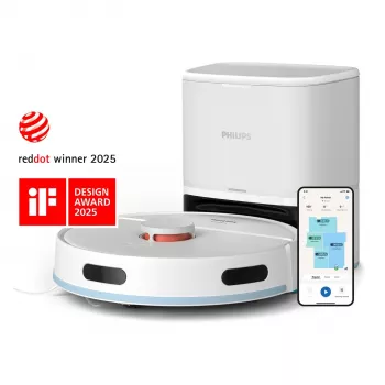 Robot vacuum Philips XU2100/20 — round LDS navigation, 2700 Pa suction, 130 min runtime, self-emptying base, 3 L base dust bag, 0.38 L dust bin, Li-Ion 2600 mAh