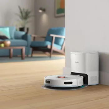 Robot vacuum Philips XU2100/20 — round LDS navigation, 2700 Pa suction, 130 min runtime, self-emptying base, 3 L base dust bag, 0.38 L dust bin, Li-Ion 2600 mAh