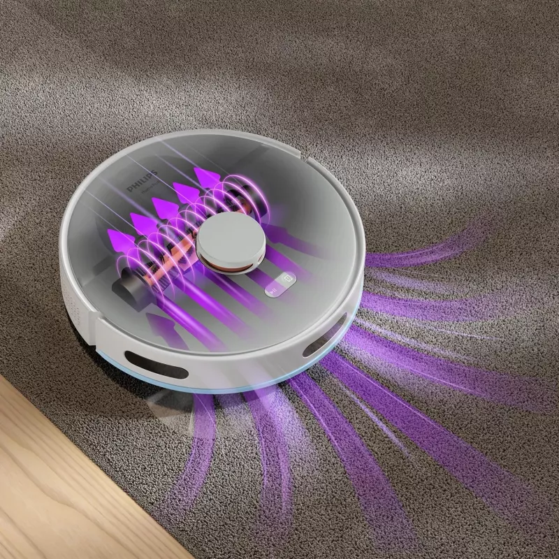 Robot vacuum Philips XU2100/20 — round LDS navigation, 2700 Pa suction, 130 min runtime, self-emptying base, 3 L base dust bag, 0.38 L dust bin, Li-Ion 2600 mAh