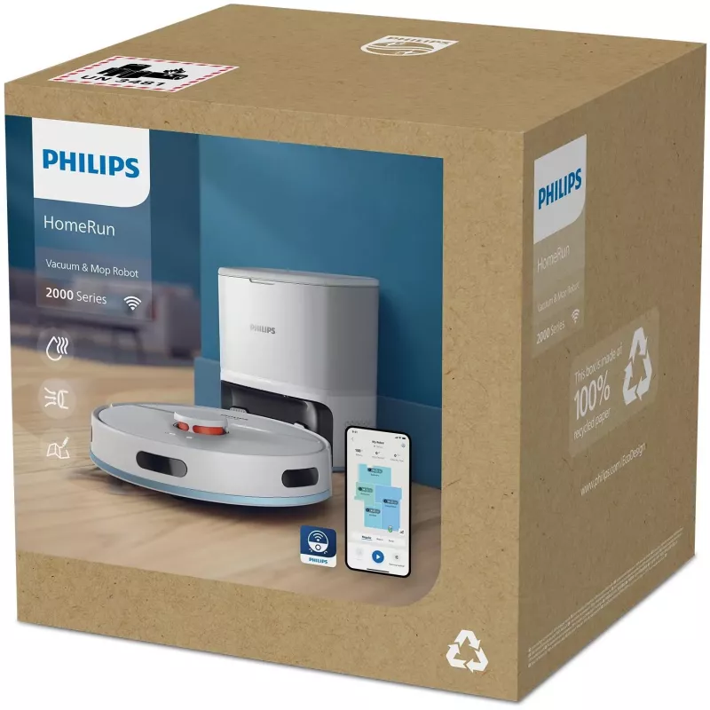 Robot vacuum Philips XU2100/20 — round LDS navigation, 2700 Pa suction, 130 min runtime, self-emptying base, 3 L base dust bag, 0.38 L dust bin, Li-Ion 2600 mAh