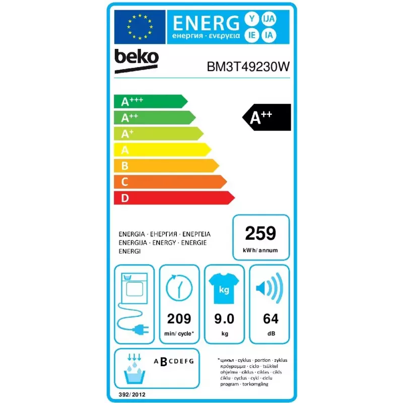 Beko BM3T49230W Tumble Dryer Freestanding Front-load 9 kg A++ White
