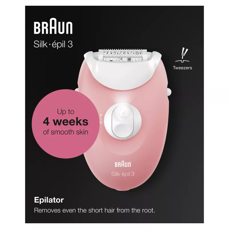 Braun Silk-épil 3 3-176 epilator with 3 extras, Rose, White, 20 tweezers, Shaving, AC, 100 - 240 V, 50 - 60 Hz