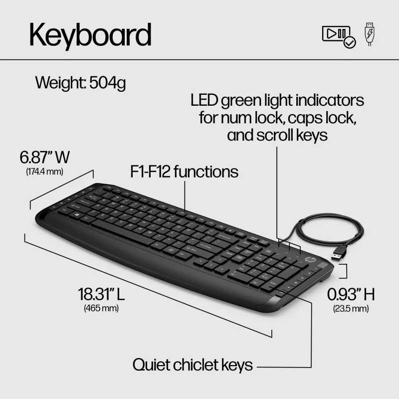 HP Pavilion Keyboard and Mouse 200, Wired, USB, Mechanical, QWERTY, Black, Mouse included