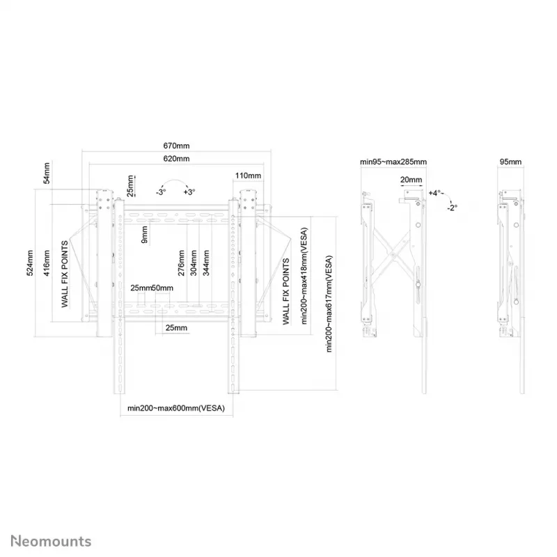 Neomounts video wall mount, 70 kg, 81.3 cm (32 inch), 190.5 cm (75 inch), 200 x 200 mm, 600 x 600 mm, 0 - 6°