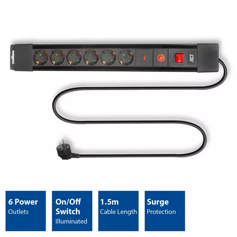 ACT Power strip with 6 power sockets and surge protection, 6 AC outlet(s), Type F, 230 V, 16 A, 1.5 mm², Type F (Schuko)