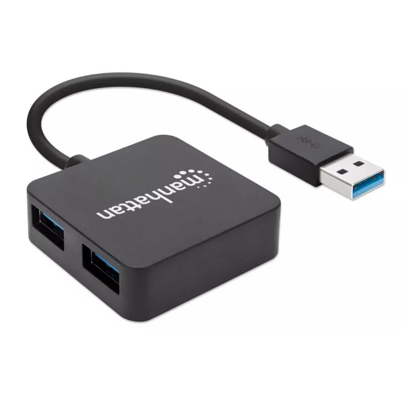 Manhattan USB-A 4-Port Hub, 4x USB-A Ports, 5 Gbps (USB 3.2 Gen1 aka USB 3.0), USB powered (no external power supply required). Fast charging: 1 port up to 0.9 A; charging on 4 ports requires external power supply (not included), Equivalent to ST4300MINU3B