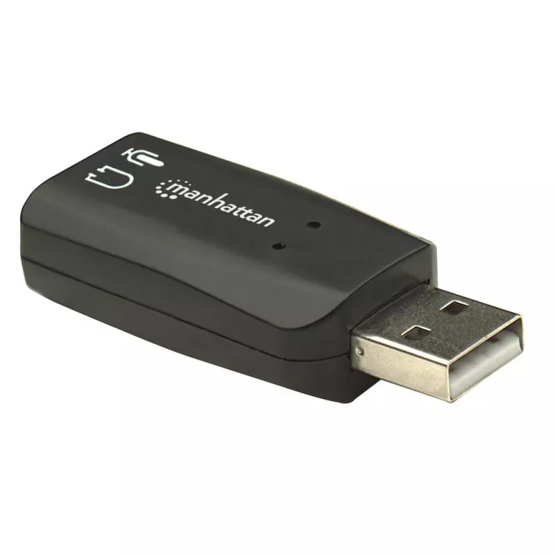 Manhattan USB-A Sound Adapter, USB-A to 3.5mm Mic-in and Audio-Out ports, 480 Mbps (USB 2.0), supports 3D and virtual 5.1 surround sound, Hi-Speed USB, Black, Three Year Warranty