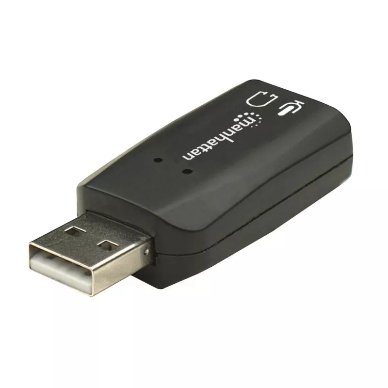 Manhattan USB-A Sound Adapter, USB-A to 3.5mm Mic-in and Audio-Out ports, 480 Mbps (USB 2.0), supports 3D and virtual 5.1 surround sound, Hi-Speed USB, Black, Three Year Warranty