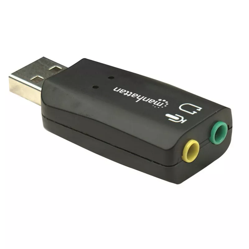 Manhattan USB-A Sound Adapter, USB-A to 3.5mm Mic-in and Audio-Out ports, 480 Mbps (USB 2.0), supports 3D and virtual 5.1 surround sound, Hi-Speed USB, Black, Three Year Warranty