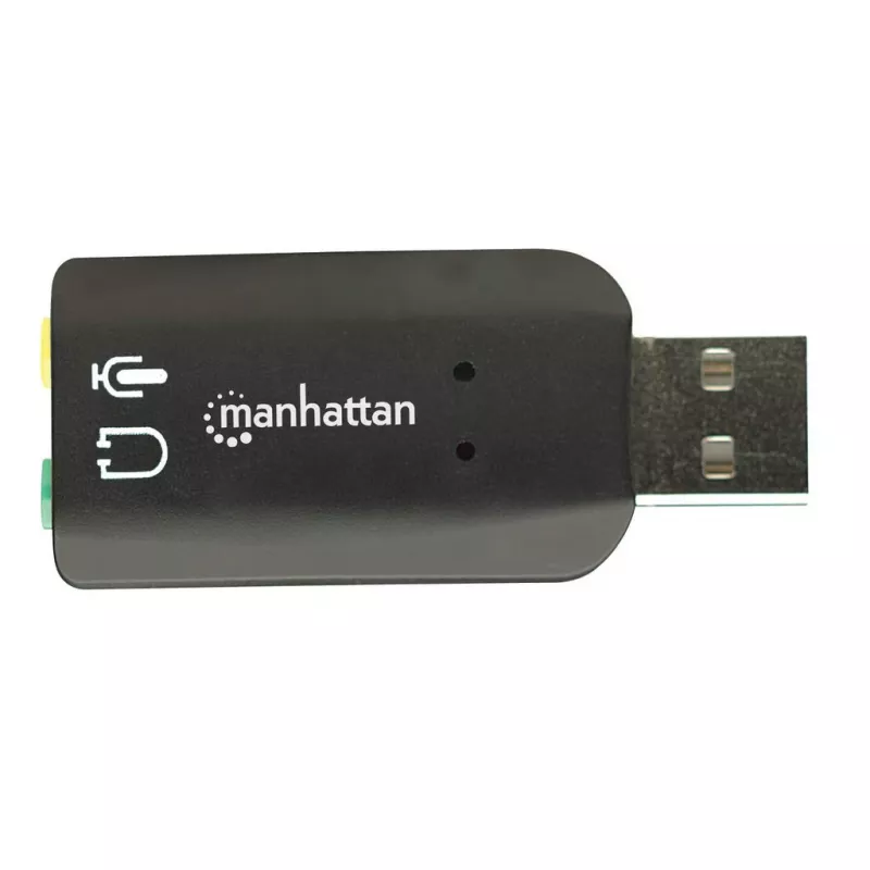 Manhattan USB-A Sound Adapter, USB-A to 3.5mm Mic-in and Audio-Out ports, 480 Mbps (USB 2.0), supports 3D and virtual 5.1 surround sound, Hi-Speed USB, Black, Three Year Warranty