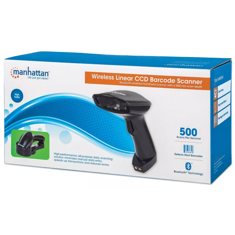 Manhattan Wireless Linear Handheld CCD Barcode Scanner, Bluetooth, 500mm Scan Depth, up to 80m effective range (line of sight), Max Ambient Light 100,000 lux (sunlight), EU/US/UK/AU interchangeable plug, Black, Three Year Warranty