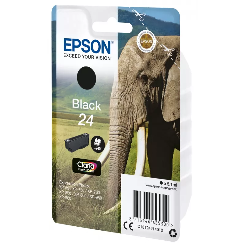 Epson Elephant Singlepack Black 24 Claria Photo HD Ink, Black, Pigment-based ink, 5.1 ml, 1 pc(s), 240 pages, Single pack