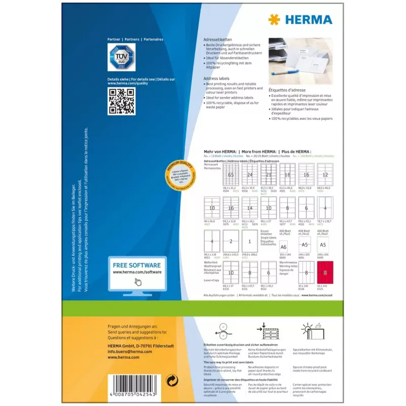 Address labels Premium HERMA A4 38.1x21.2 mm 6500 pcs