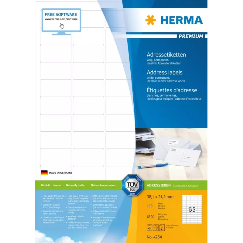 Address labels Premium HERMA A4 38.1x21.2 mm 6500 pcs