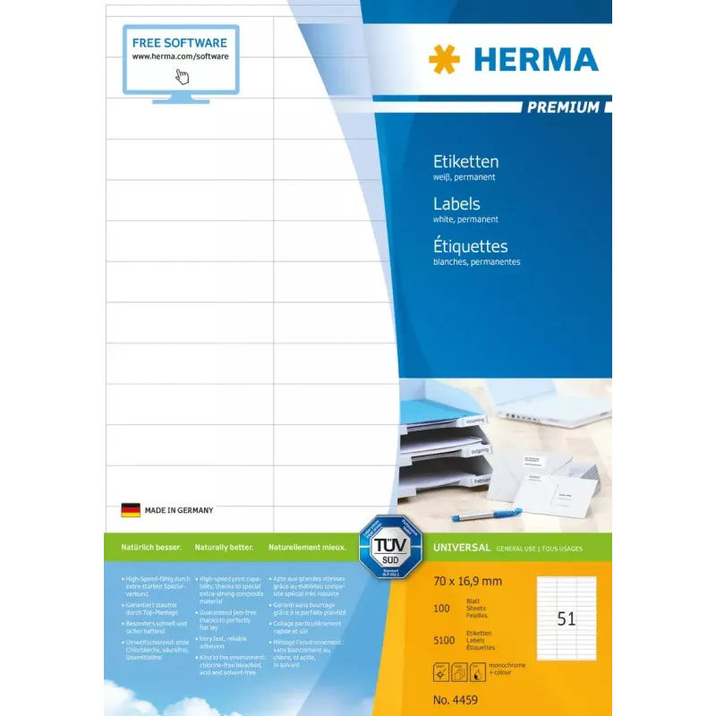 Self-adhesive printer label HERMA Premium A4 70x16.9 mm