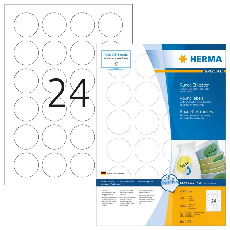 Self-adhesive labels HERMA Removable A4 Ø 40 mm 2400 pcs