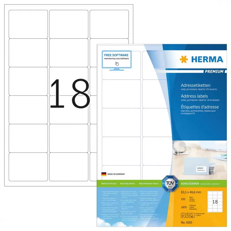 Address labels Premium HERMA 63.5x46.6 mm 1800 pcs