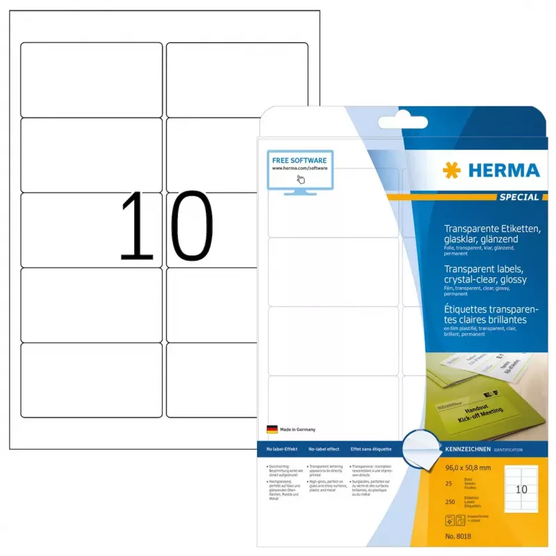 Self-adhesive printer label HERMA Labels transparent crystal-clear A4 96x50.8 mm