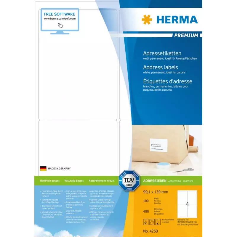 Address labels Premium HERMA A4 99.1x139 mm 400 pcs