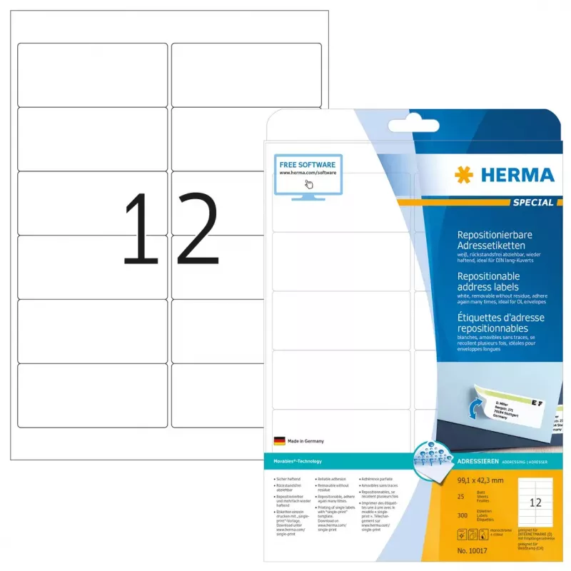 Repositionable address labels HERMA 10017 A4 99.1x42.3 mm