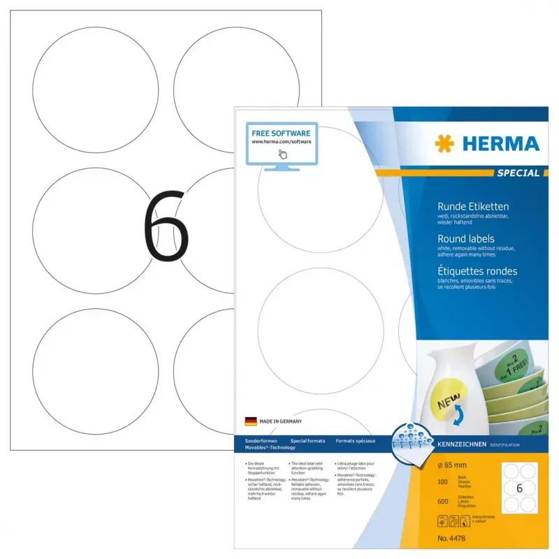 Removable labels HERMA A4 Ø 85 mm round white 600 pcs