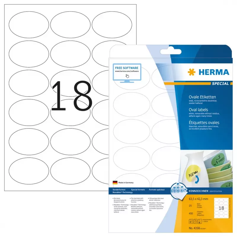 Self-adhesive labels HERMA Removable A4 63.5x42.3 mm 450 pcs