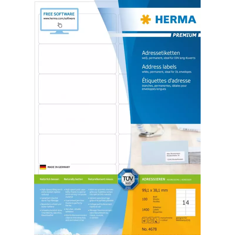 Address labels Premium HERMA A4 99.1x38.1 mm 1400 pcs