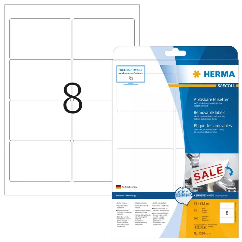 Self-adhesive printer label HERMA Removable labels A4 96x63.5 mm