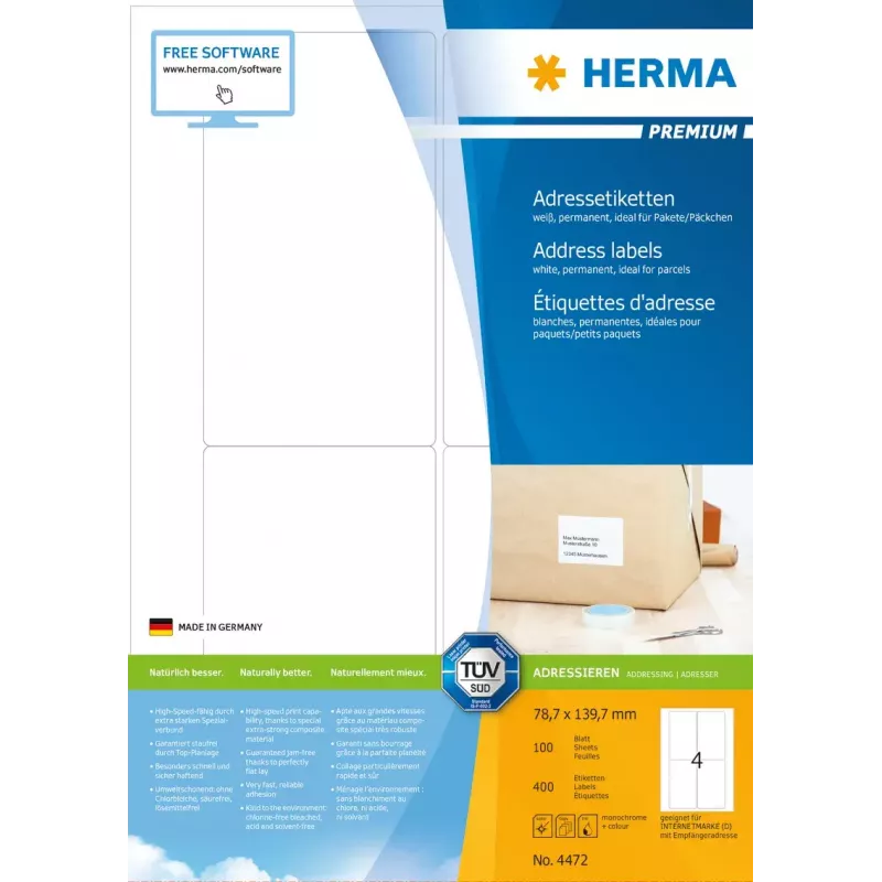 Address labels Premium HERMA 4472 A4 78.7x139.7 mm 400 pcs