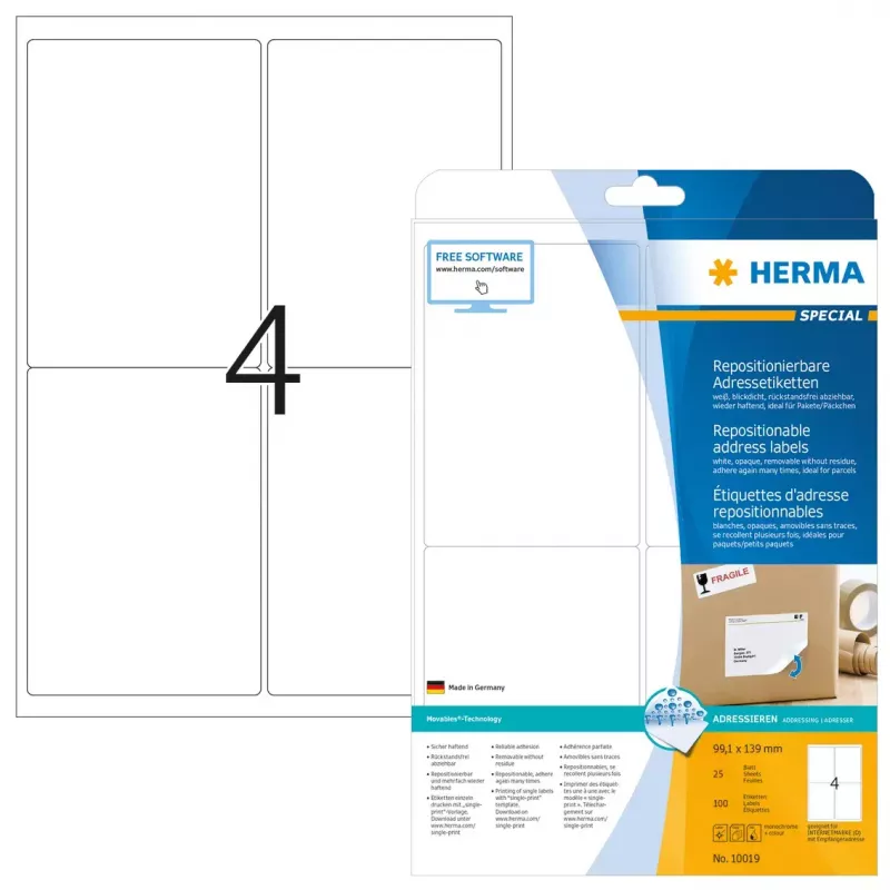 Repositionable address labels HERMA 100 pcs A4 99.1x139 mm