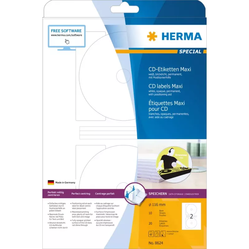 Self-adhesive printer label HERMA CD labels Maxi A4 Ø 116 mm