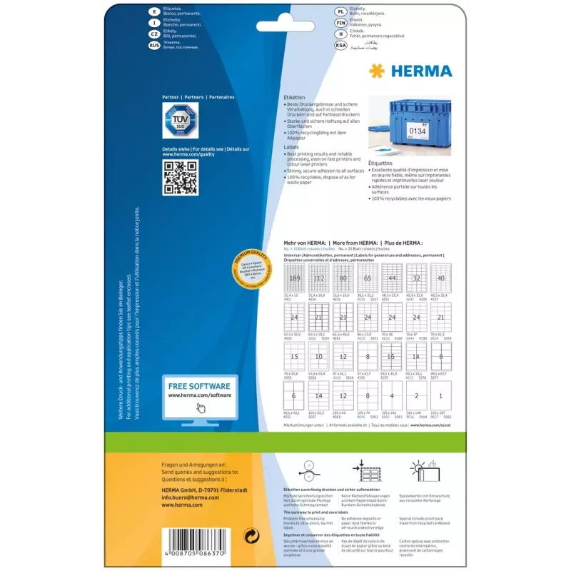 Self-adhesive printer label HERMA Labels Premium A4 210x297 mm white paper matt 10 pcs