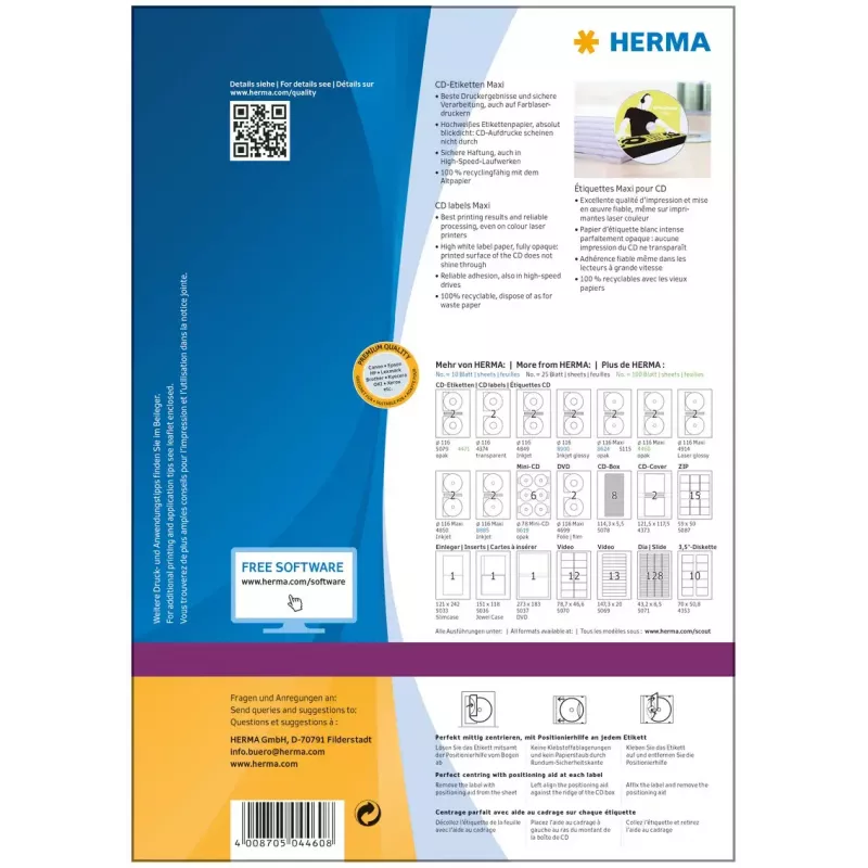 Self-adhesive printer label HERMA CD labels Maxi A4 Ø 116 mm