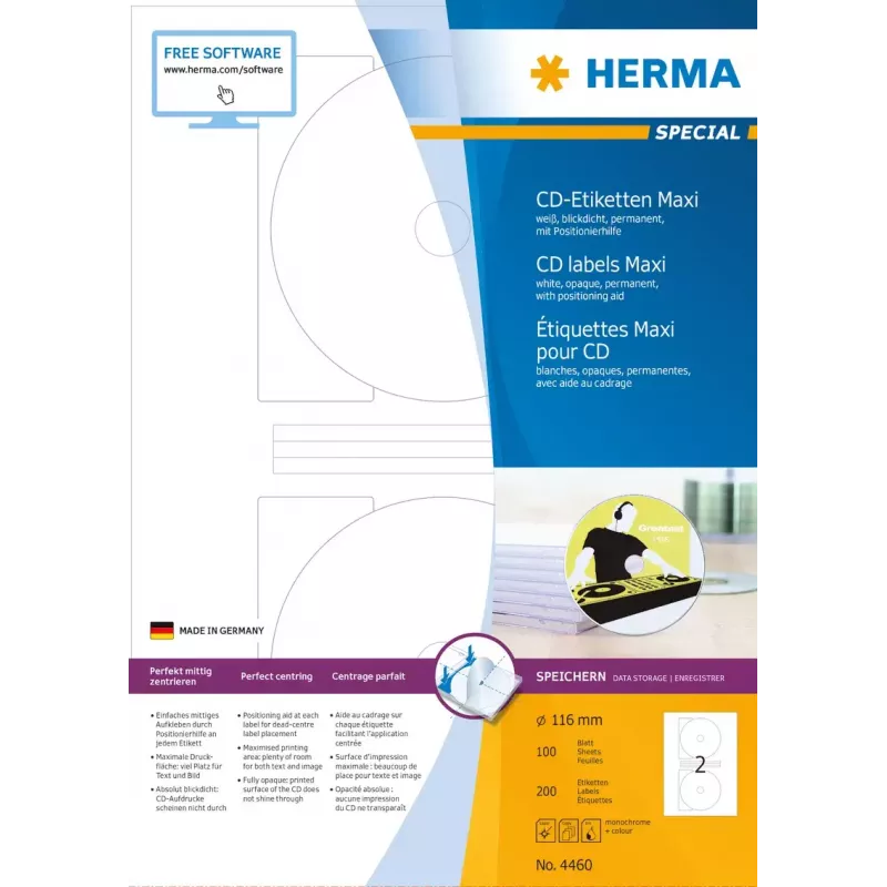 Self-adhesive printer label HERMA CD labels Maxi A4 Ø 116 mm
