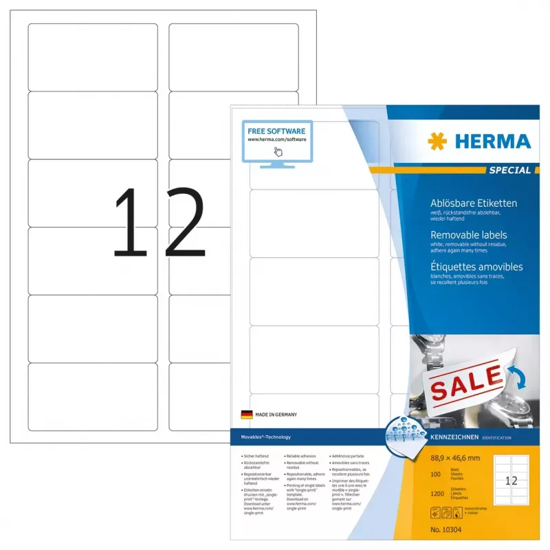 Removable labels HERMA A4 88.9x46.6 mm white Movables 1200 pcs