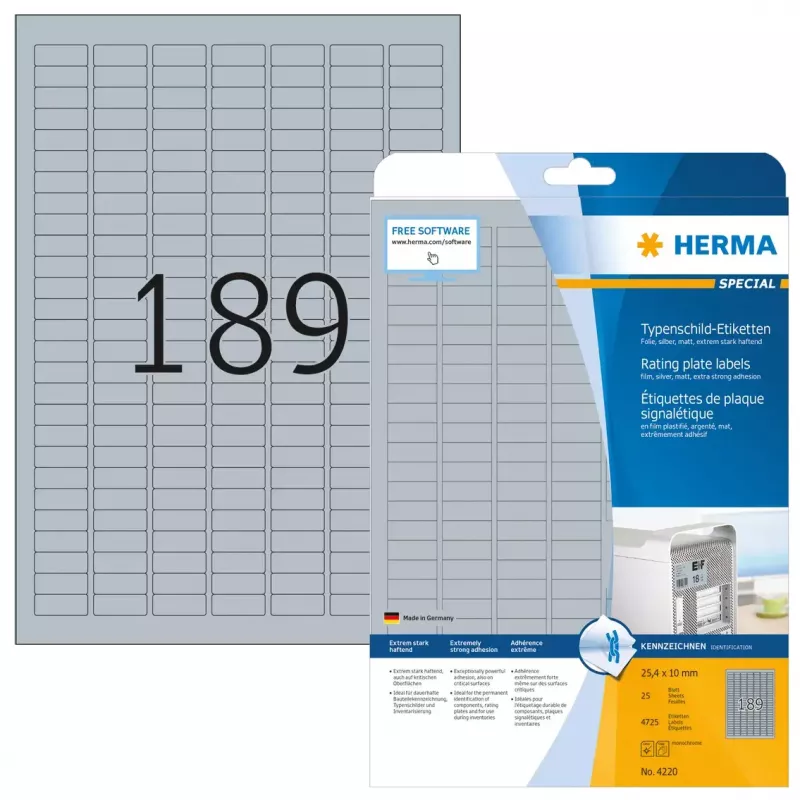 Rating plate labels HERMA 4725 pcs A4 25x10 mm silver