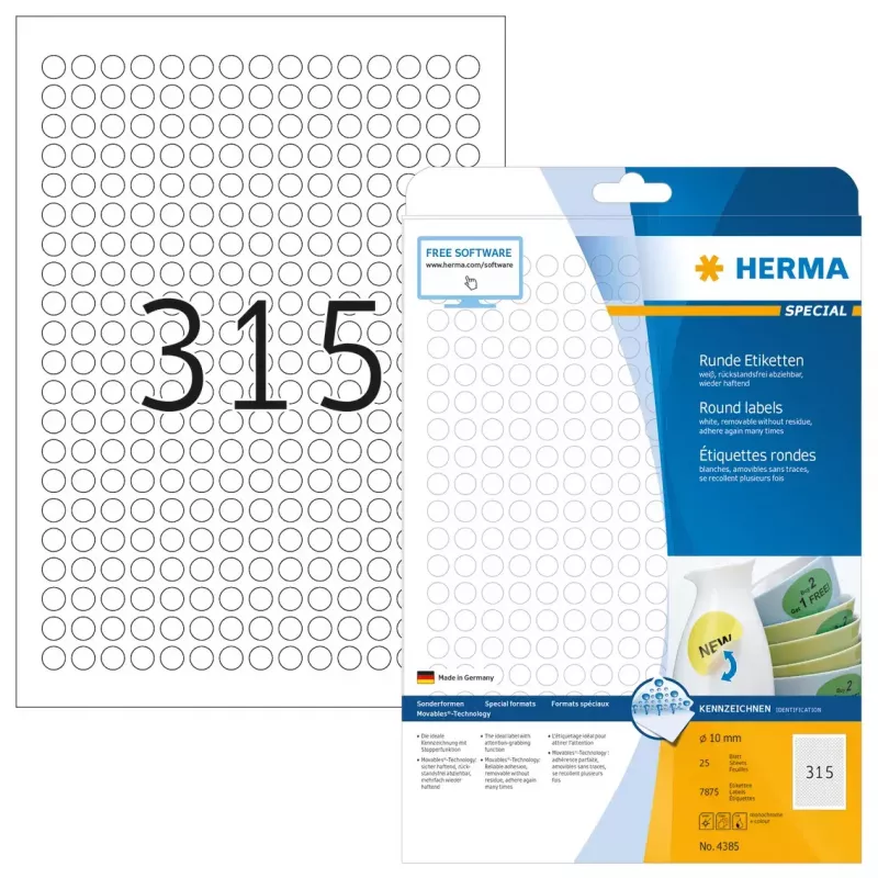 Self-adhesive labels HERMA Removable A4 Ø 10 mm round white