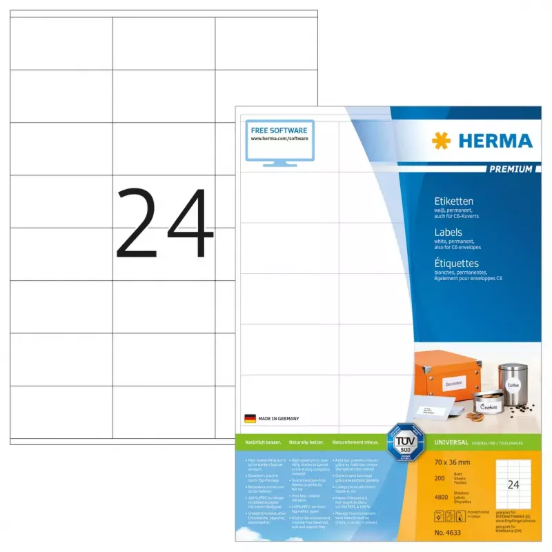 Labels HERMA Premium A4 70x36 mm white paper matt 4800 pcs