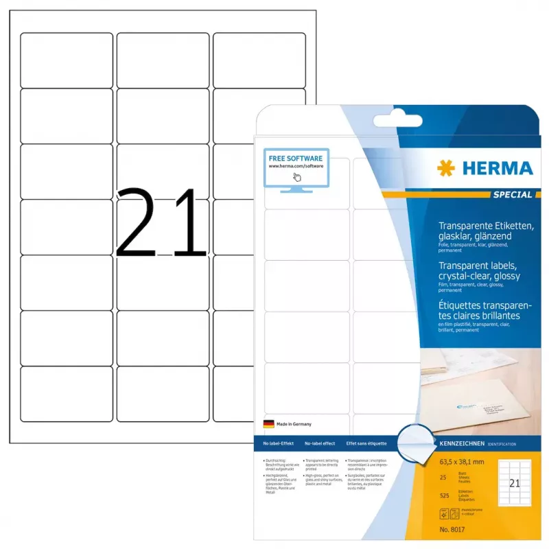Self-adhesive printer label HERMA Labels transparent crystal-clear A4 63.5x38.1 mm